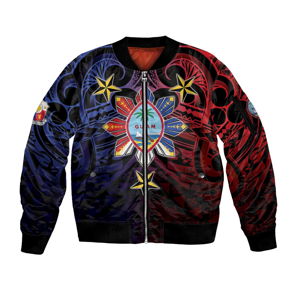 Philippines Guam Sleeve Zip Bomber Jacket Filipino Sun With Guaman Seal LT05 Unisex Blue - Polynesian Pride