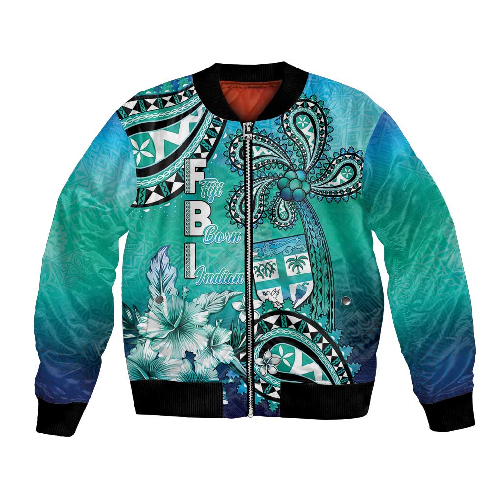 Fiji Born Indian Bomber Jacket Palm Paisley With Tapa Pattern LT05 Unisex Aqua - Polynesian Pride