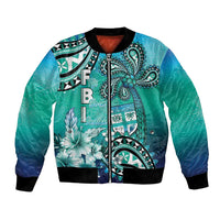 Fiji Born Indian Bomber Jacket Palm Paisley With Tapa Pattern LT05 Unisex Aqua - Polynesian Pride