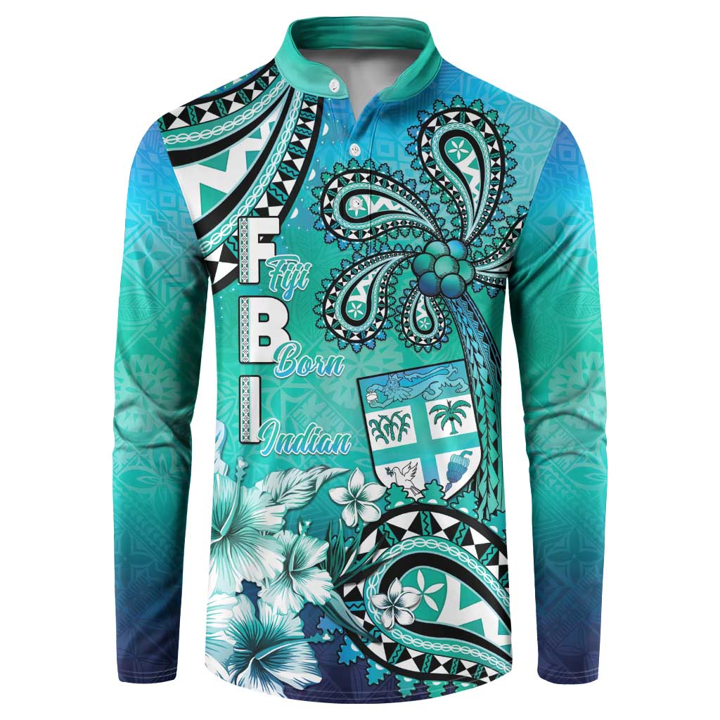 Fiji Born Indian Button Sweatshirt Palm Paisley With Tapa Pattern LT05 Aqua - Polynesian Pride