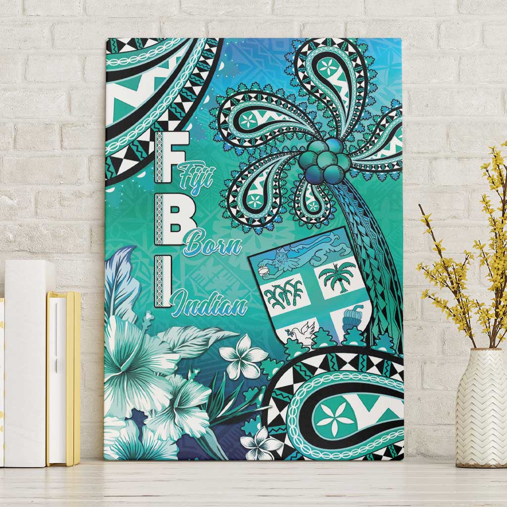Fiji Born Indian Canvas Wall Art Palm Paisley With Tapa Pattern LT05 Without Frame Aqua - Polynesian Pride