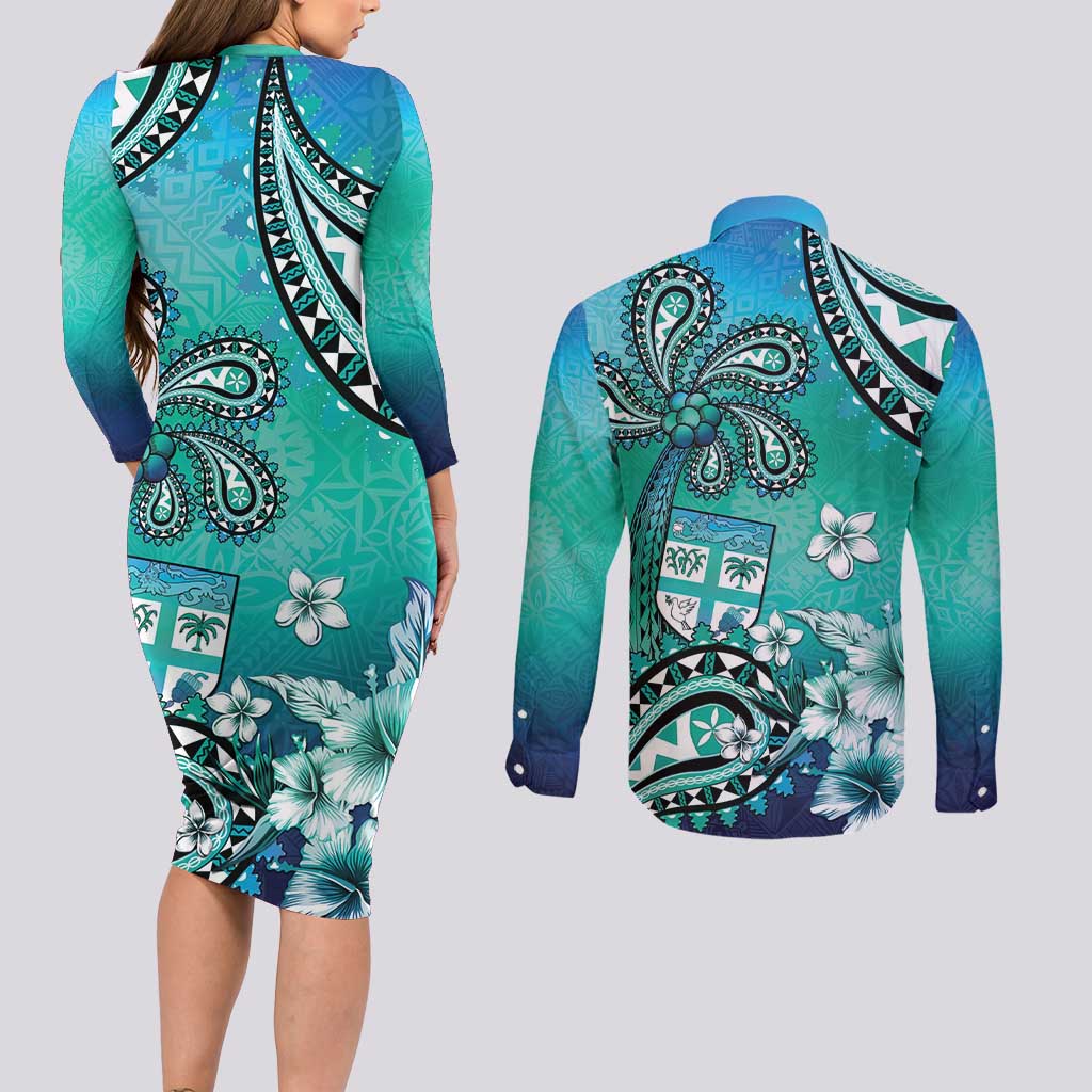 Fiji Born Indian Couples Matching Long Sleeve Bodycon Dress and Long Sleeve Button Shirt Palm Paisley With Tapa Pattern