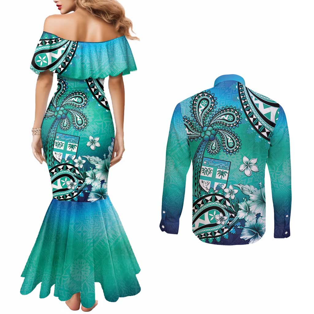 Fiji Born Indian Couples Matching Mermaid Dress and Long Sleeve Button Shirt Palm Paisley With Tapa Pattern