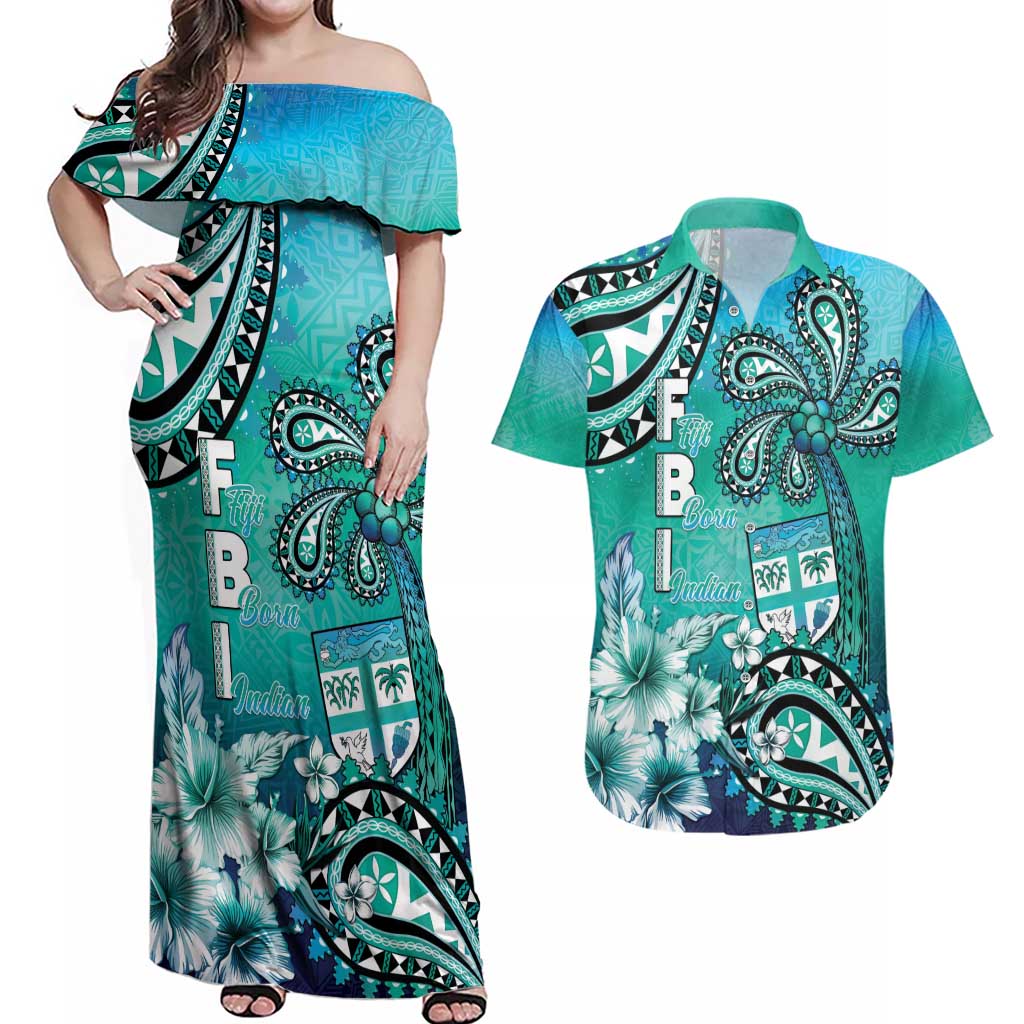 Fiji Born Indian Couples Matching Off Shoulder Maxi Dress and Hawaiian Shirt Palm Paisley With Tapa Pattern
