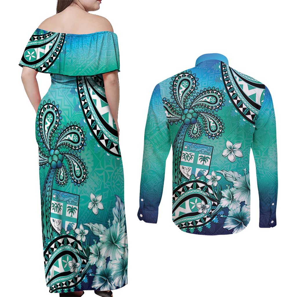 Fiji Born Indian Couples Matching Off Shoulder Maxi Dress and Long Sleeve Button Shirt Palm Paisley With Tapa Pattern