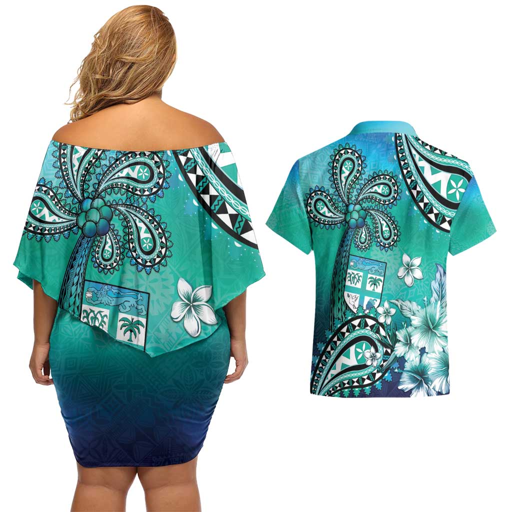 Fiji Born Indian Couples Matching Off Shoulder Short Dress and Hawaiian Shirt Palm Paisley With Tapa Pattern
