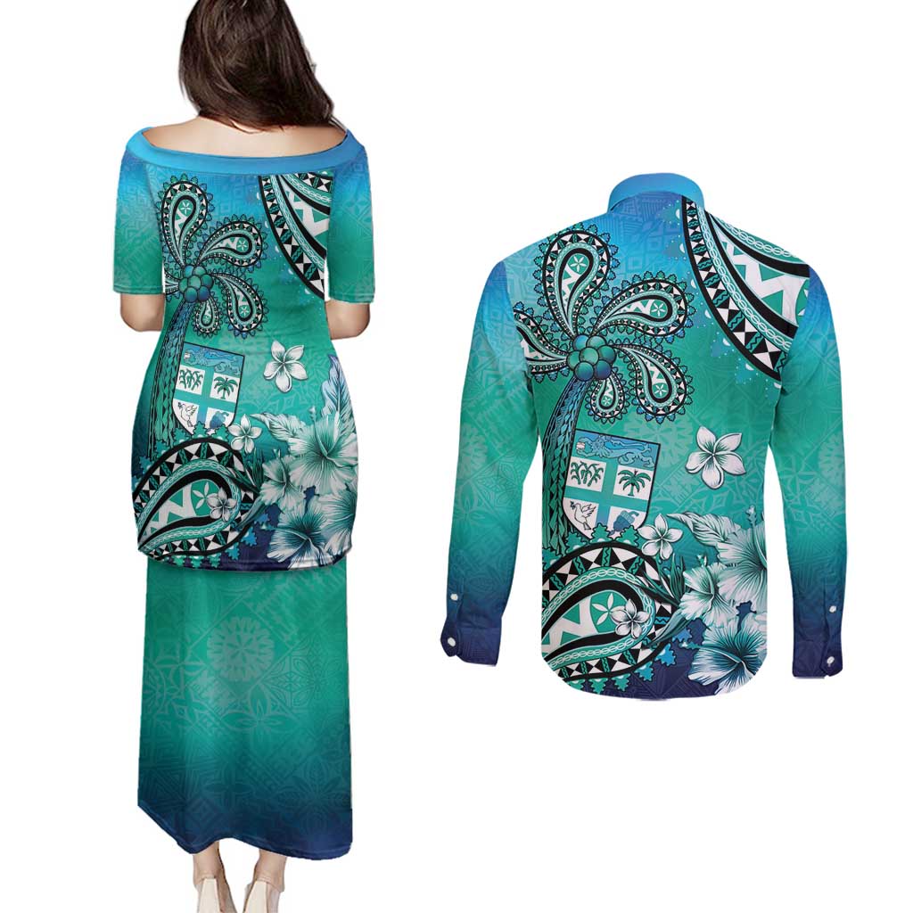 Fiji Born Indian Couples Matching Puletasi and Long Sleeve Button Shirt Palm Paisley With Tapa Pattern LT05 - Polynesian Pride