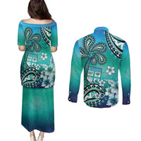Fiji Born Indian Couples Matching Puletasi and Long Sleeve Button Shirt Palm Paisley With Tapa Pattern LT05 - Polynesian Pride