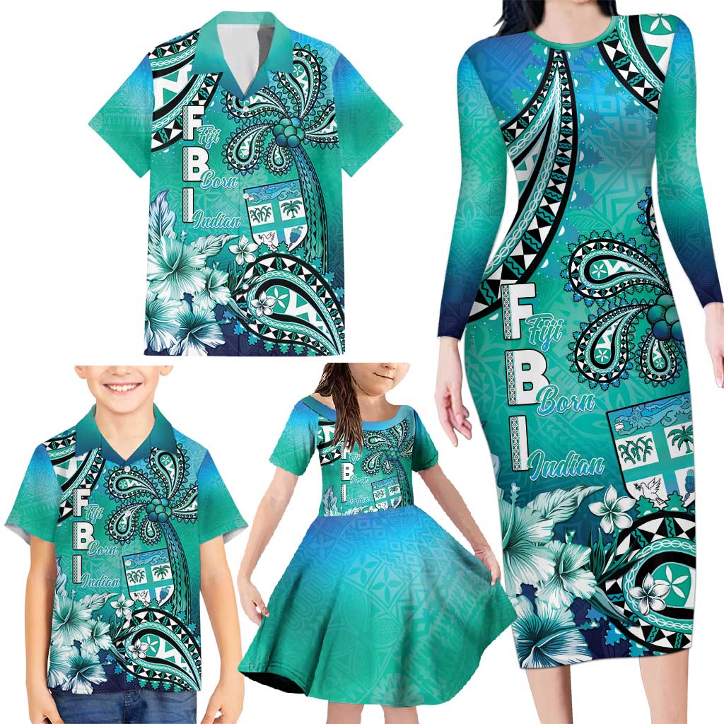 Fiji Born Indian Family Matching Long Sleeve Bodycon Dress and Hawaiian Shirt Palm Paisley With Tapa Pattern
