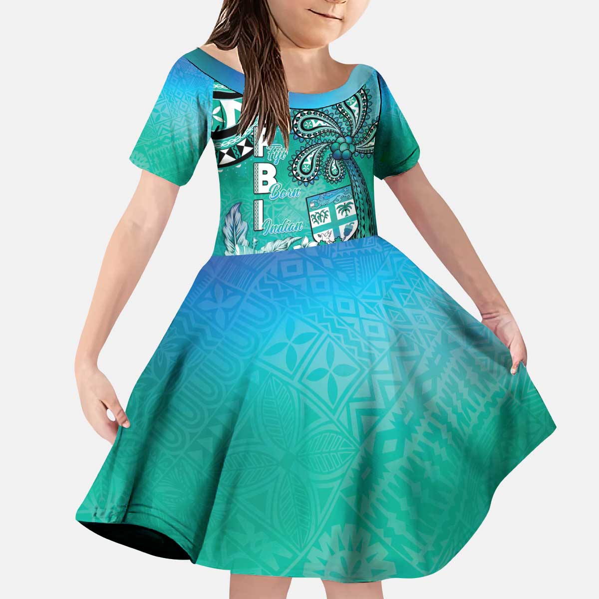 Fiji Born Indian Kid Short Sleeve Dress Palm Paisley With Tapa Pattern LT05 KID Aqua - Polynesian Pride