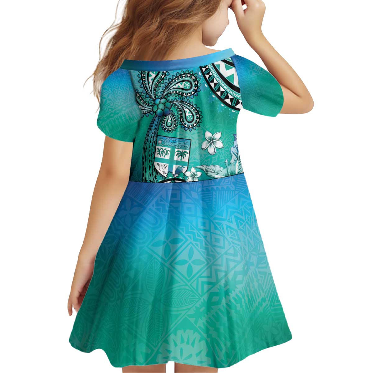 Fiji Born Indian Kid Short Sleeve Dress Palm Paisley With Tapa Pattern LT05 - Polynesian Pride
