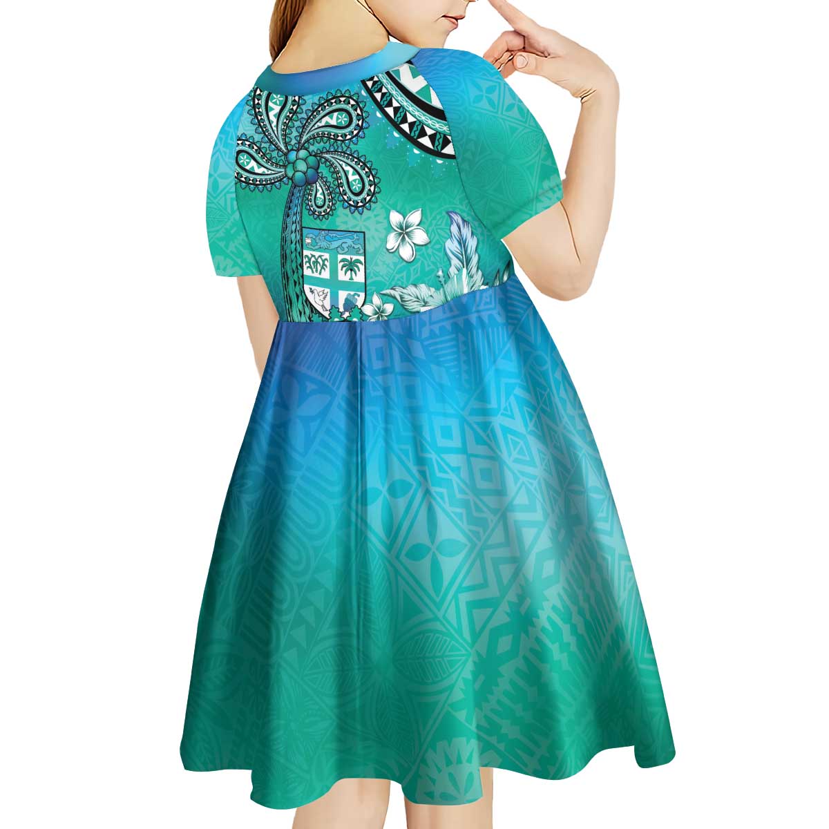 Fiji Born Indian Kid Short Sleeve Dress Palm Paisley With Tapa Pattern LT05 - Polynesian Pride