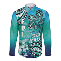 Fiji Born Indian Long Sleeve Button Shirt Palm Paisley With Tapa Pattern LT05 Unisex Aqua - Polynesian Pride