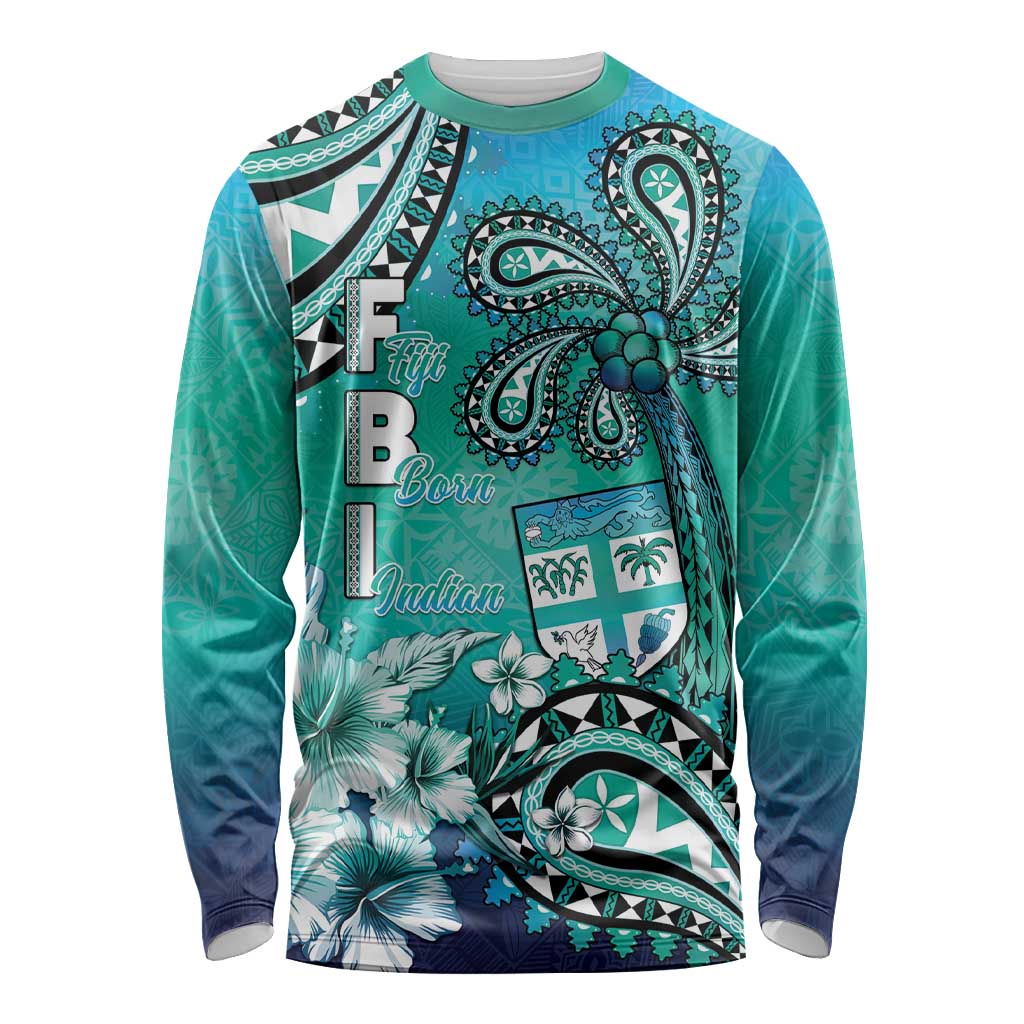 Fiji Born Indian Long Sleeve Shirt Palm Paisley With Tapa Pattern LT05 Unisex Aqua - Polynesian Pride