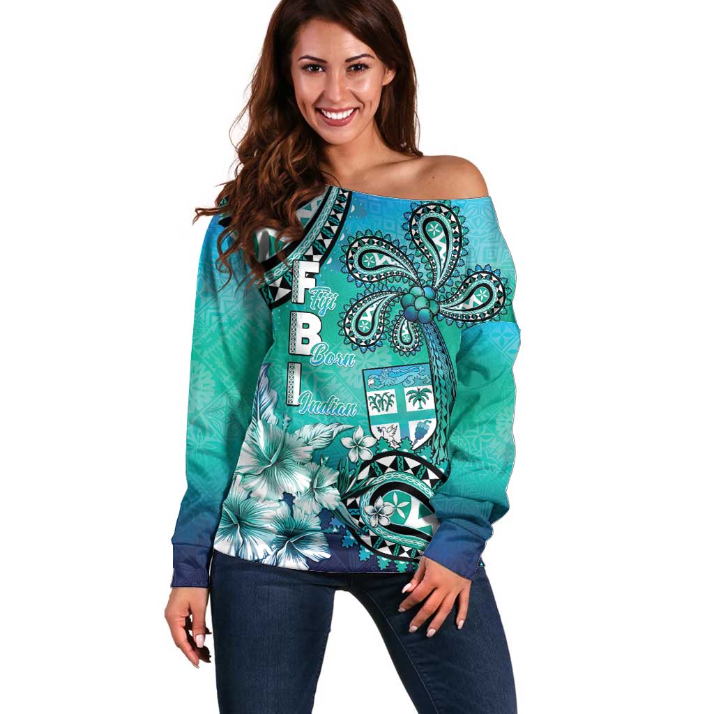 Fiji Born Indian Off Shoulder Sweater Palm Paisley With Tapa Pattern LT05 Women Aqua - Polynesian Pride