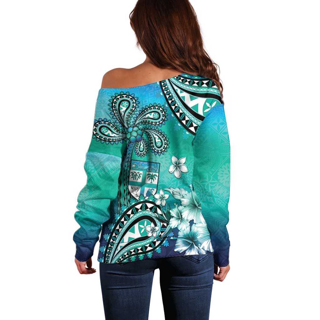 Fiji Born Indian Off Shoulder Sweater Palm Paisley With Tapa Pattern LT05 - Polynesian Pride