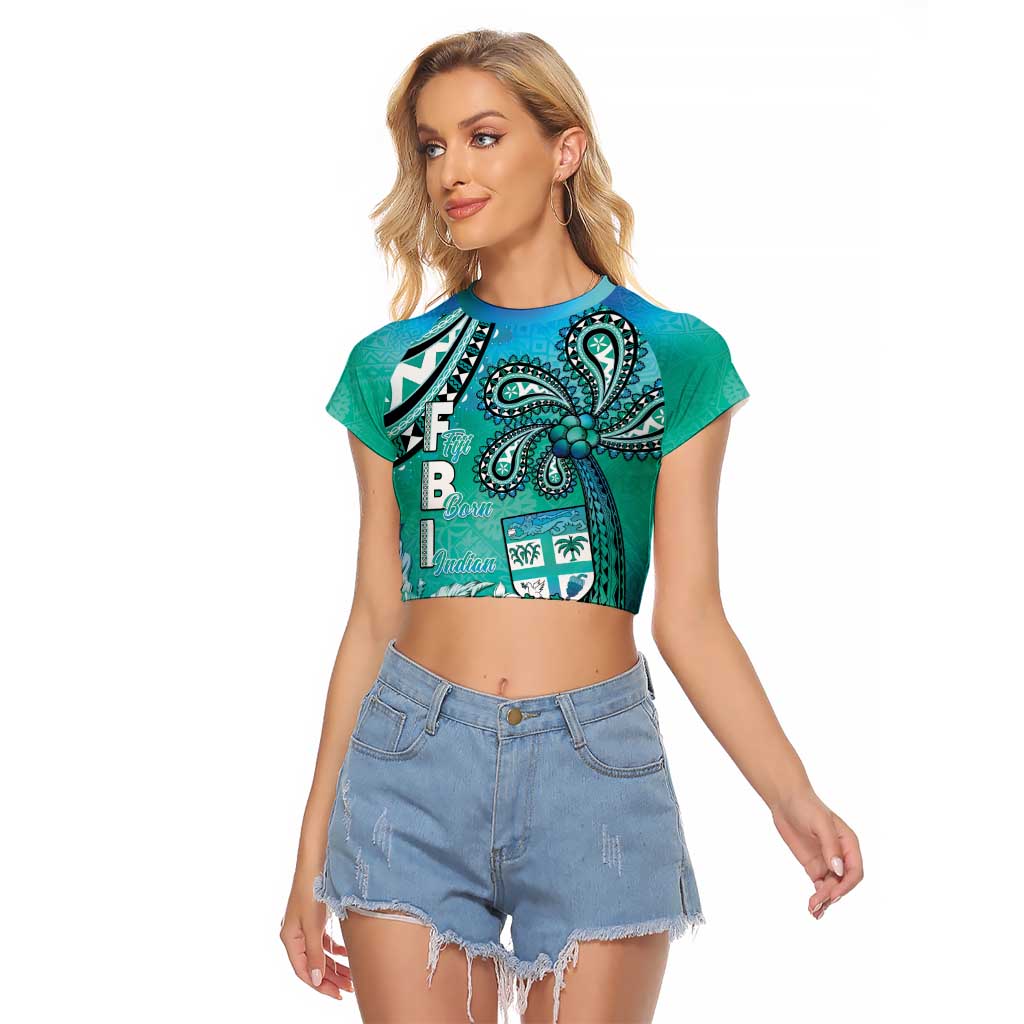 Fiji Born Indian Raglan Cropped T Shirt Palm Paisley With Tapa Pattern LT05 Female Aqua - Polynesian Pride