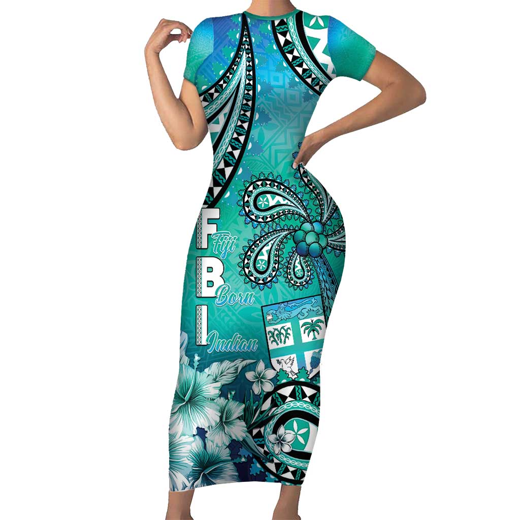 Fiji Born Indian Short Sleeve Bodycon Dress Palm Paisley With Tapa Pattern