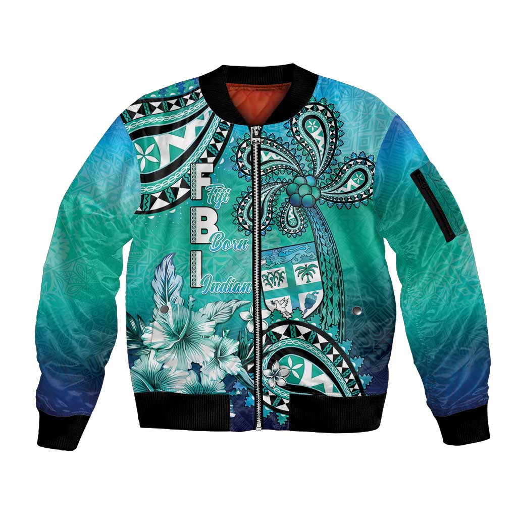 Fiji Born Indian Sleeve Zip Bomber Jacket Palm Paisley With Tapa Pattern LT05 Unisex Aqua - Polynesian Pride
