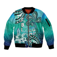 Fiji Born Indian Sleeve Zip Bomber Jacket Palm Paisley With Tapa Pattern LT05 Unisex Aqua - Polynesian Pride