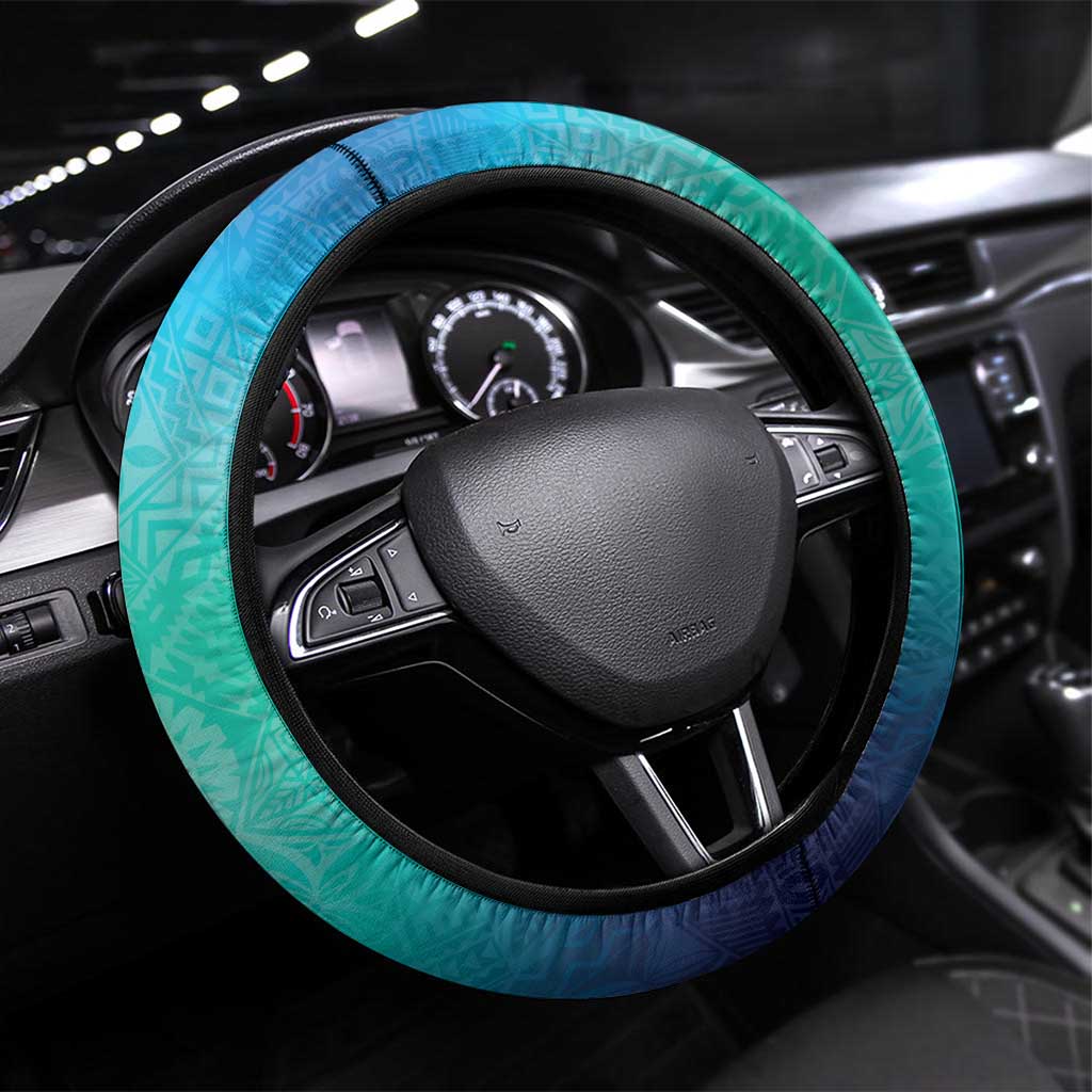 Fiji Born Indian Steering Wheel Cover Palm Paisley With Tapa Pattern LT05 Universal Fit Aqua - Polynesian Pride