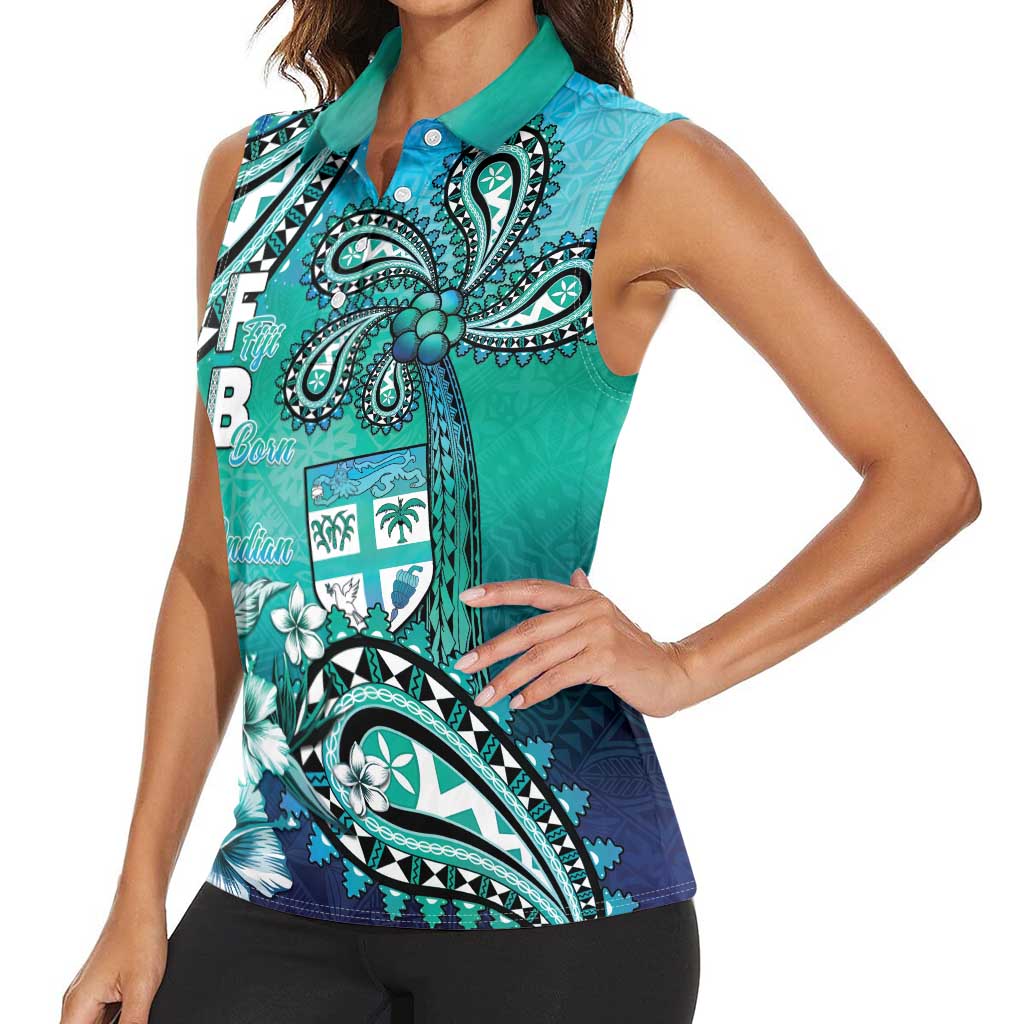 Fiji Born Indian Women Sleeveless Polo Shirt Palm Paisley With Tapa Pattern
