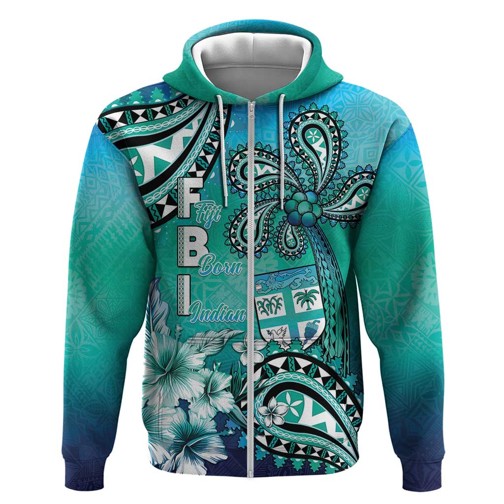 Fiji Born Indian Zip Hoodie Palm Paisley With Tapa Pattern LT05 Zip Hoodie Aqua - Polynesian Pride