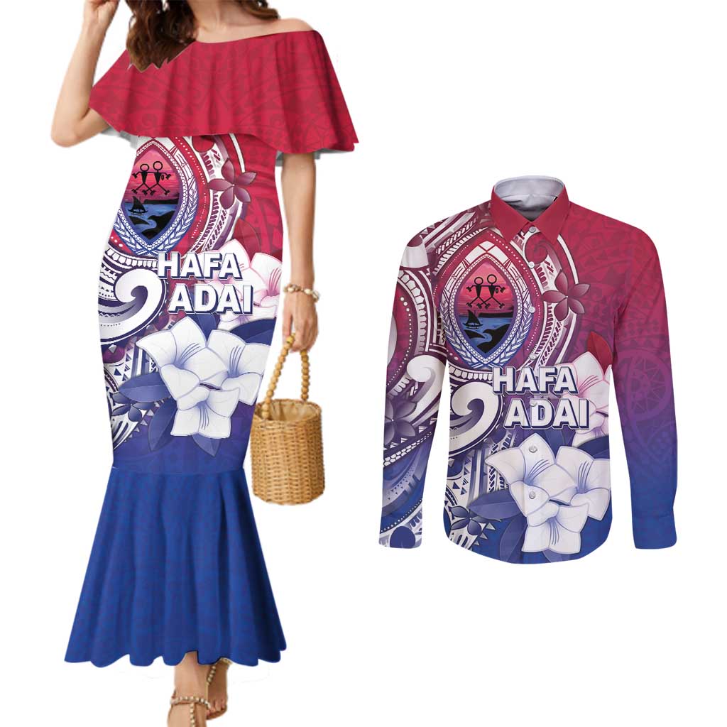 Guam Gadao Couples Matching Mermaid Dress and Long Sleeve Button Shirt Hafa Adai Micronesian Tribal Pattern