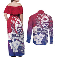 Guam Gadao Couples Matching Off Shoulder Maxi Dress and Long Sleeve Button Shirt Hafa Adai Micronesian Tribal Pattern