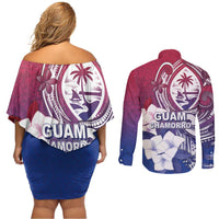 Guam Gadao Couples Matching Off Shoulder Short Dress and Long Sleeve Button Shirt Hafa Adai Micronesian Tribal Pattern
