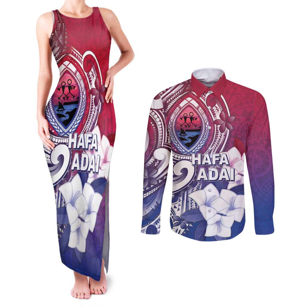 Guam Gadao Couples Matching Tank Maxi Dress and Long Sleeve Button Shirt Hafa Adai Micronesian Tribal Pattern