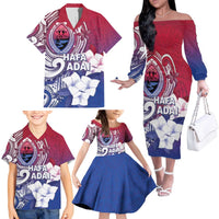 Guam Gadao Family Matching Off The Shoulder Long Sleeve Dress and Hawaiian Shirt Hafa Adai Micronesian Tribal Pattern