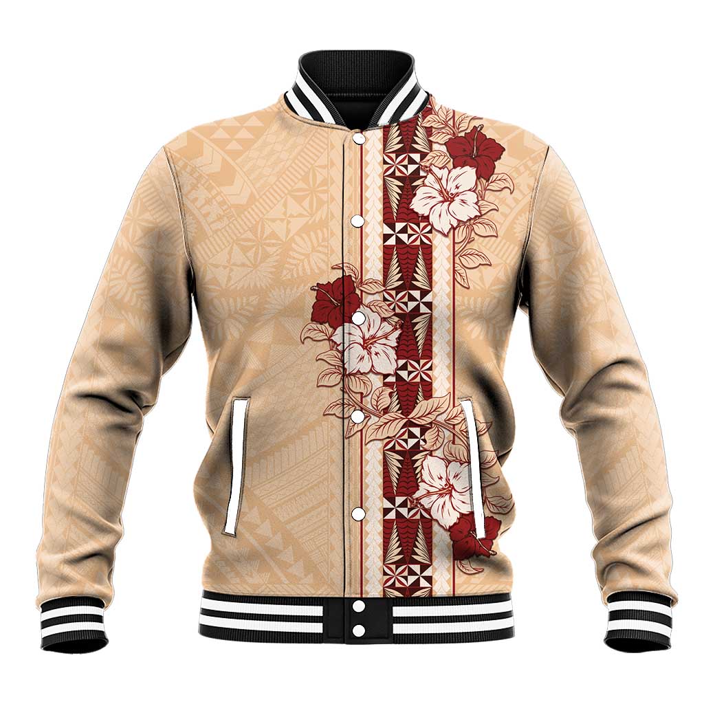 Tonga Language Week Baseball Jacket Hibiscus Tongan Ngatu Pattern LT05 Unisex Beige - Polynesian Pride