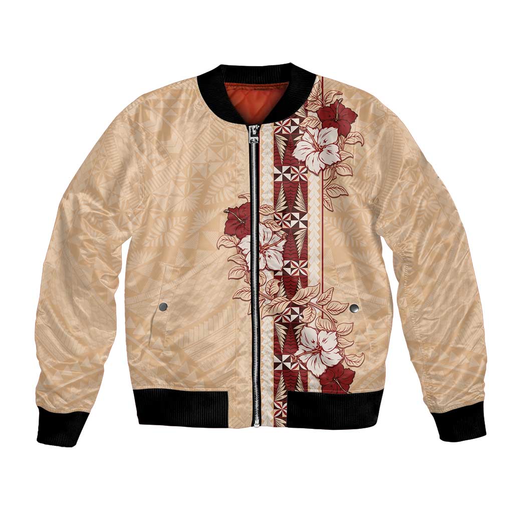 Tonga Language Week Bomber Jacket Hibiscus Tongan Ngatu Pattern LT05 Unisex Beige - Polynesian Pride