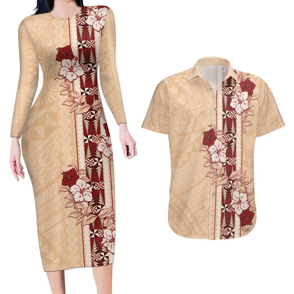 Tonga Language Week Couples Matching Long Sleeve Bodycon Dress and Hawaiian Shirt Hibiscus Tongan Ngatu Pattern LT05 Beige - Polynesian Pride