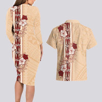 Tonga Language Week Couples Matching Long Sleeve Bodycon Dress and Hawaiian Shirt Hibiscus Tongan Ngatu Pattern LT05 - Polynesian Pride