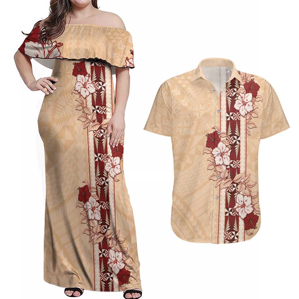 Tonga Language Week Couples Matching Off Shoulder Maxi Dress and Hawaiian Shirt Hibiscus Tongan Ngatu Pattern LT05 Beige - Polynesian Pride
