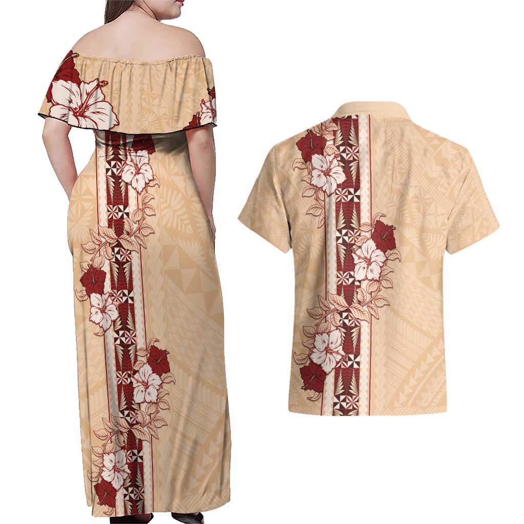 Tonga Language Week Couples Matching Off Shoulder Maxi Dress and Hawaiian Shirt Hibiscus Tongan Ngatu Pattern LT05 - Polynesian Pride