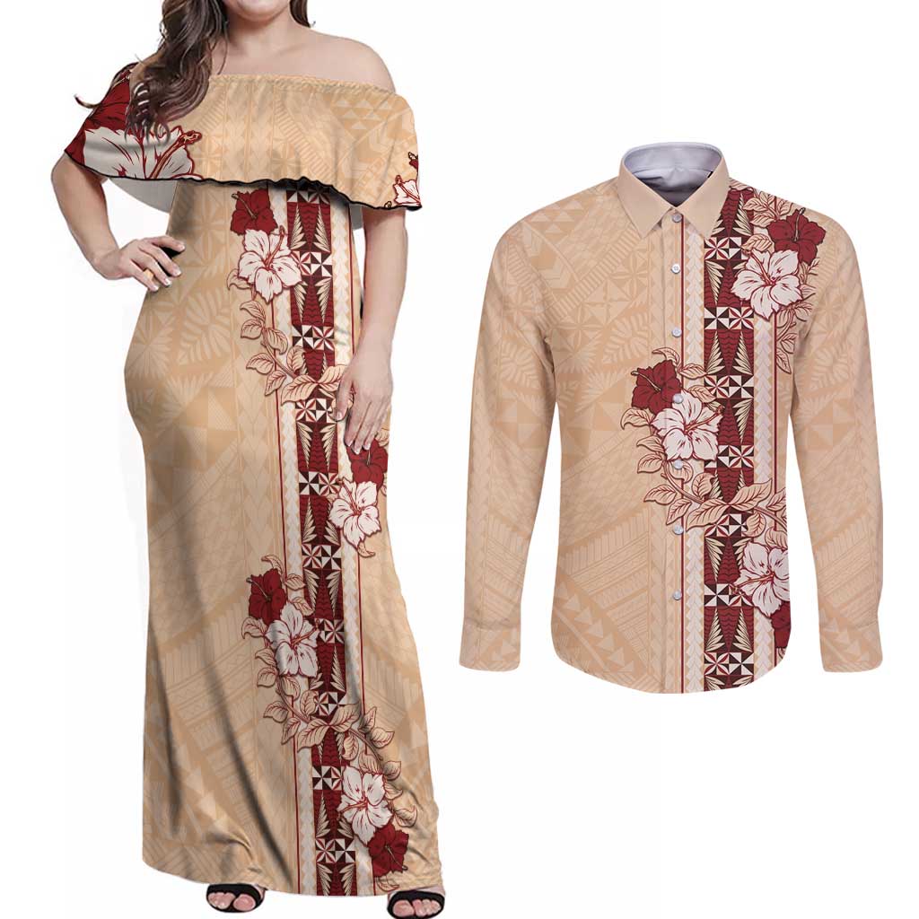 Tonga Language Week Couples Matching Off Shoulder Maxi Dress and Long Sleeve Button Shirt Hibiscus Tongan Ngatu Pattern LT05 Beige - Polynesian Pride