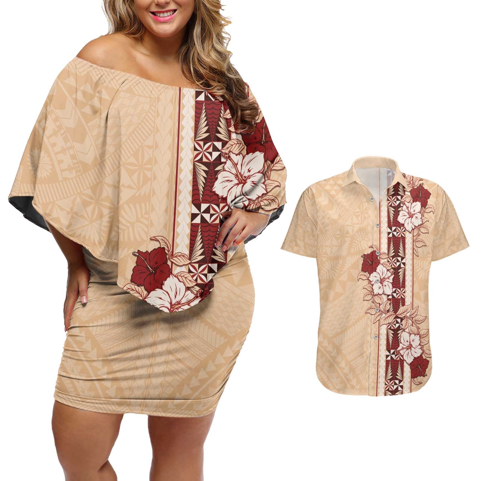 Tonga Language Week Couples Matching Off Shoulder Short Dress and Hawaiian Shirt Hibiscus Tongan Ngatu Pattern LT05 Beige - Polynesian Pride