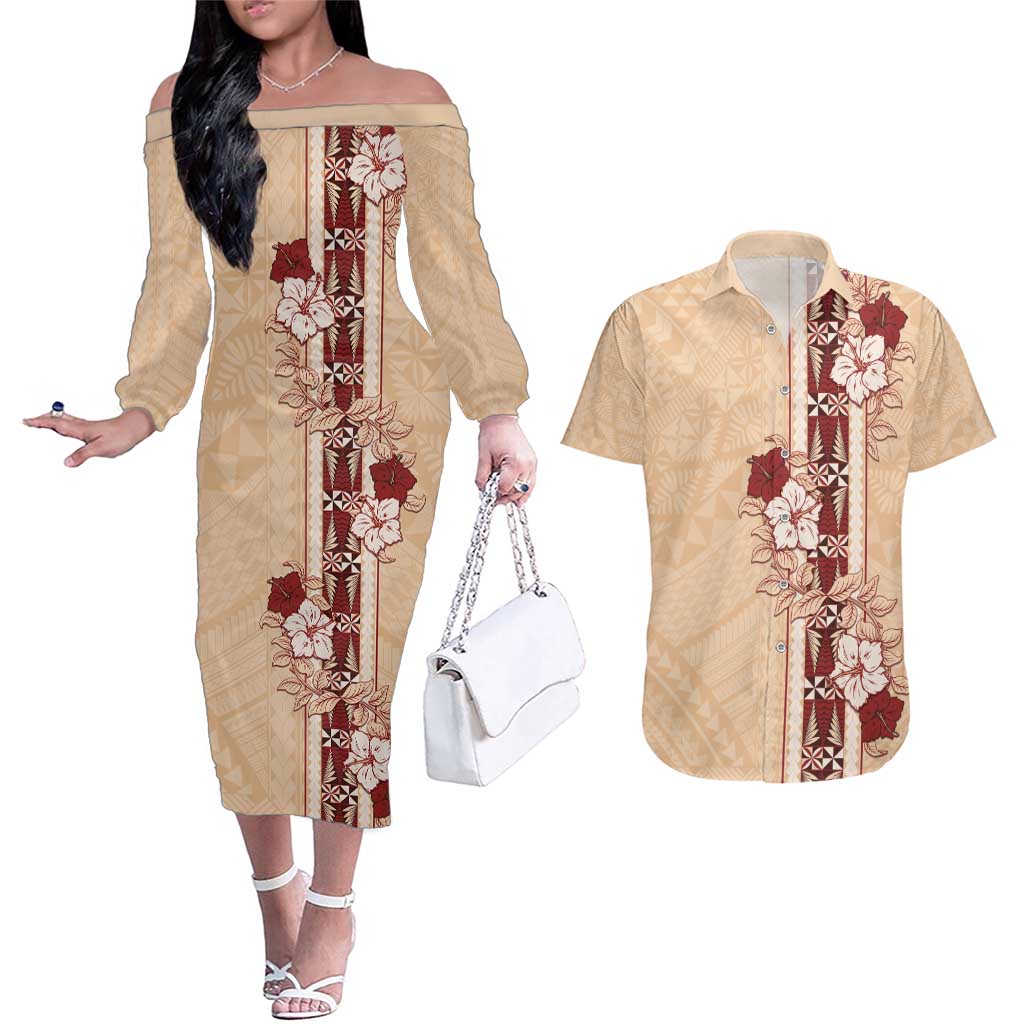 Tonga Language Week Couples Matching Off The Shoulder Long Sleeve Dress and Hawaiian Shirt Hibiscus Tongan Ngatu Pattern LT05 Beige - Polynesian Pride