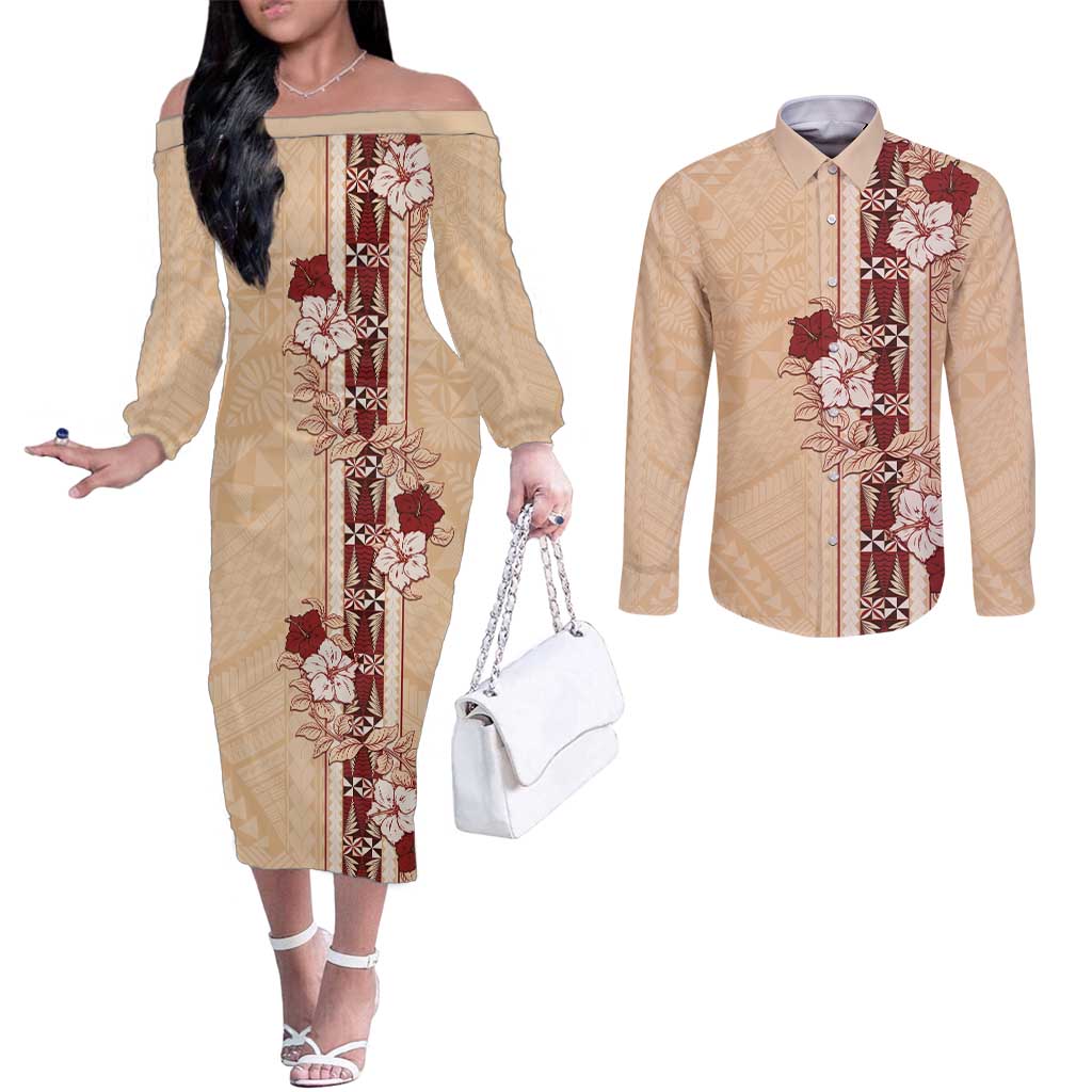 Tonga Language Week Couples Matching Off The Shoulder Long Sleeve Dress and Long Sleeve Button Shirt Hibiscus Tongan Ngatu Pattern LT05 Beige - Polynesian Pride