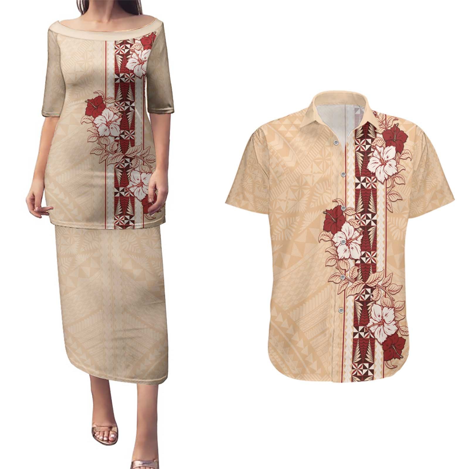 Tonga Language Week Couples Matching Puletasi and Hawaiian Shirt Hibiscus Tongan Ngatu Pattern LT05 Beige - Polynesian Pride