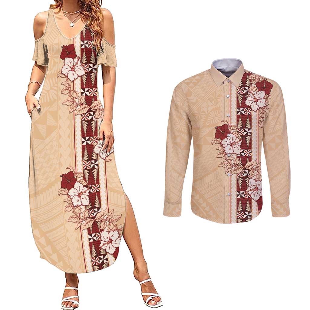 Tonga Language Week Couples Matching Summer Maxi Dress and Long Sleeve Button Shirt Hibiscus Tongan Ngatu Pattern LT05 Beige - Polynesian Pride