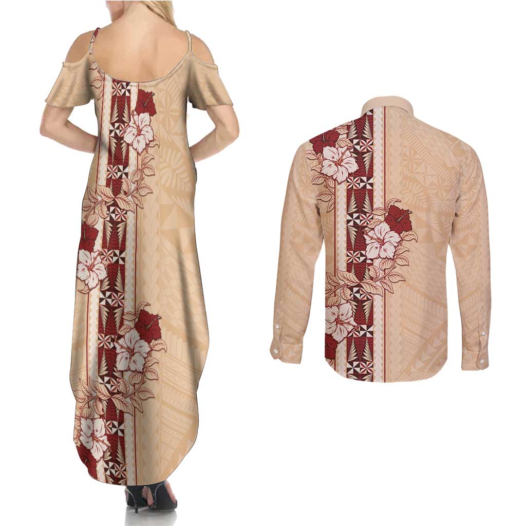 Tonga Language Week Couples Matching Summer Maxi Dress and Long Sleeve Button Shirt Hibiscus Tongan Ngatu Pattern LT05 - Polynesian Pride
