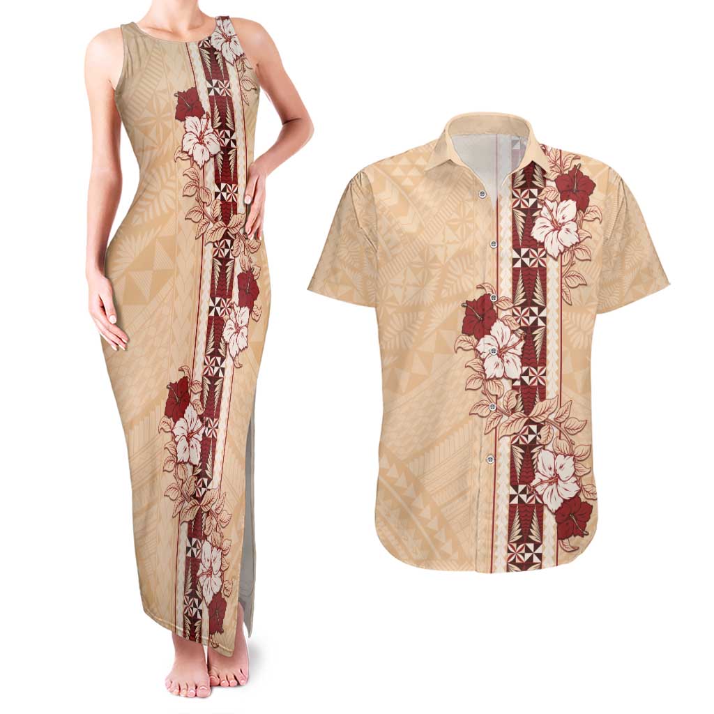 Tonga Language Week Couples Matching Tank Maxi Dress and Hawaiian Shirt Hibiscus Tongan Ngatu Pattern LT05 Beige - Polynesian Pride