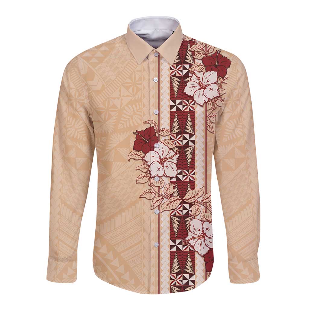 Tonga Language Week Long Sleeve Button Shirt Hibiscus Tongan Ngatu Pattern