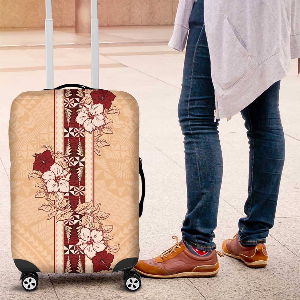 Tonga Language Week Luggage Cover Hibiscus Tongan Ngatu Pattern LT05 Beige - Polynesian Pride