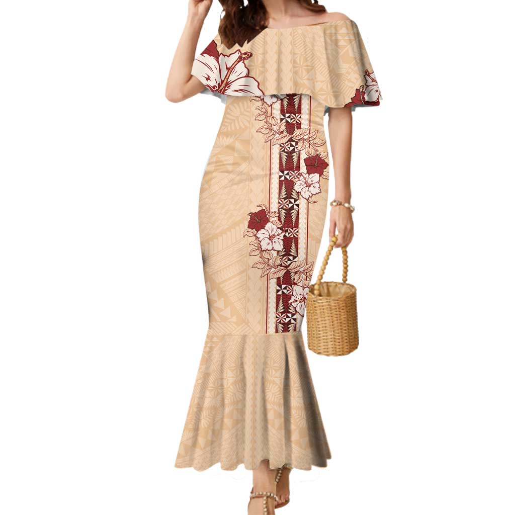 Tonga Language Week Mermaid Dress Hibiscus Tongan Ngatu Pattern LT05 Women Beige - Polynesian Pride
