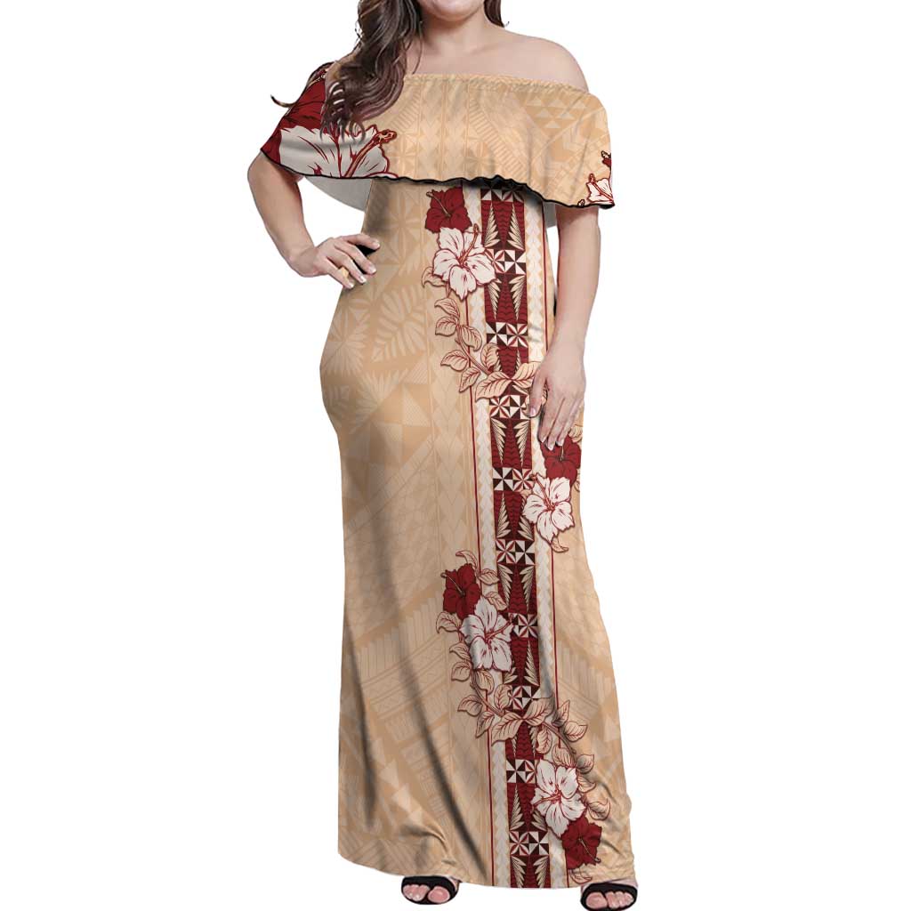 Tonga Language Week Off Shoulder Maxi Dress Hibiscus Tongan Ngatu Pattern LT05 Women Beige - Polynesian Pride